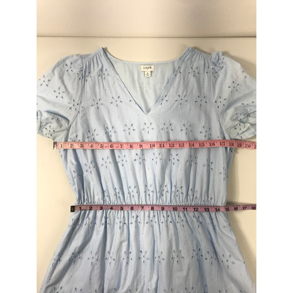J. Crew Midi Dress Women's 8 Blue V Neck Puff Sleeve Eyelet Tiered Feminine - Picture 14 of 15